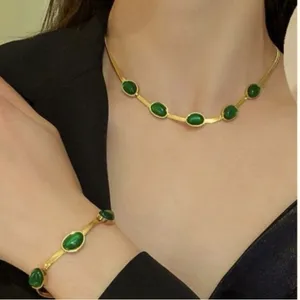 18K Gold Plated Emerald green snake Necklace SET Stainless Steel womens jewelry thumbnail 13