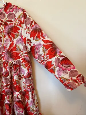 ZARA Sharon Crinkled Textured Floral Print Tiered Mini Dress Red/Pink Sz Large thumbnail 7