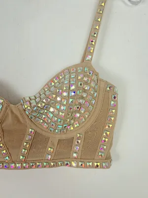 For Love & Lemons Jackpot Longline Bra Top Studded Mesh Underwire Nude Size XXS thumbnail 3