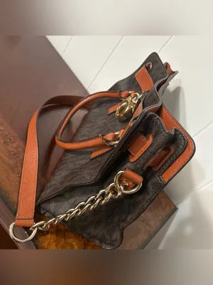 Michael Kors Hamilton Satchel Brown Monogram Canvas Tan Leather Gold Padlock Bag thumbnail 5