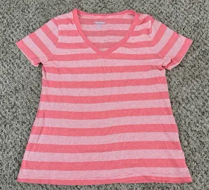 Old Navy‎ Vintage Women's Pink White Stripped V Neck Short Sleeve Tee Size Large thumbnail 1