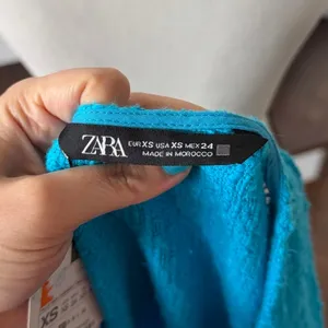 NWT Zara Teal Blue Boucle Tweed Sleeveless Plunge Flutter Hem Mini Shirt Dress thumbnail 5