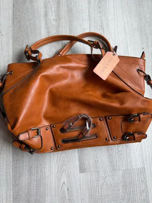 Sam & Hadley Brown Cognac Satchel Bag Buckle Detail Faux Leather Large Handbag thumbnail 2