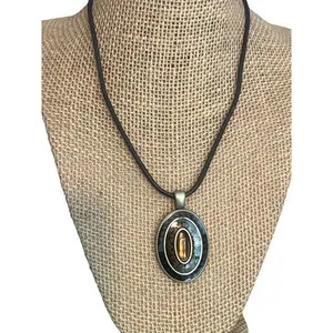 Lia Sophia Realm Brown Enamel Glass Bead Oval Pendant Necklace Cord Adj 15" + 3" thumbnail 1