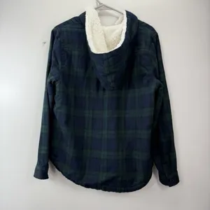 LL Bean Scotch Plaid Flannel Shirt Sherpa Lined Zip Hoodie Jacket Blue Green S thumbnail 9