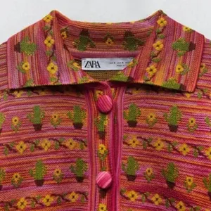 ZARA Cactus Flower Jacquard Knit Lightweight Cardigan‎ Sweater Jacket Size Small thumbnail 5