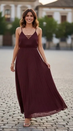 Ali‎ & Jay Burgundy Pleated Maxi Dress V-Neck Ladder Strap AJ9-672 Small thumbnail 1