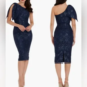 NWOT DRESS THE POPULATION Tiffany One-Shoulder Midi Lace Dress Navy S thumbnail 2
