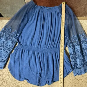 Sundance Womens Cottagecore Embroidered Mesh Bell Sleeve Smocked Peplum Blouse L thumbnail 2