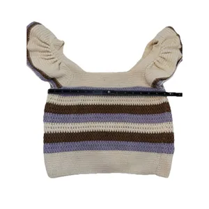 MNG Mango Beige Striped Knit Ruffle Flutter Sleeve Square Neck Cropped Top S thumbnail 12