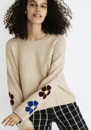 Madewell Beige Belmore Boxy Fit Floral-Sleeve Pullover Sweater - Size - Medium thumbnail 1