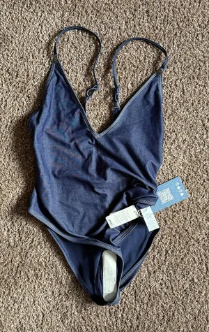 Aerie Swim | Aerie Nwt Match Made In Denim Plunge Cheekiest One Piece Swimsuit; Size S | Color: Blue thumbnail 2