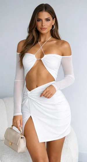 White Fox “Invite Pending” Cutout Ruched Mini Dress White Size M NWT thumbnail 1