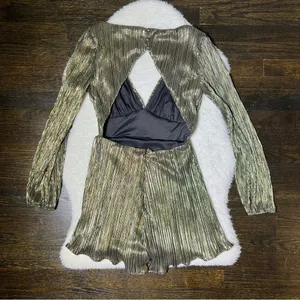 Lulu’s Plisse and Thank You Gold Pleated Long Sleeve Backless Romper thumbnail 8