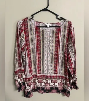 J Jill Red Paisley Tunic Top Size XL Rayon Long Sleeve Blouse Lightweight Shirt thumbnail 1