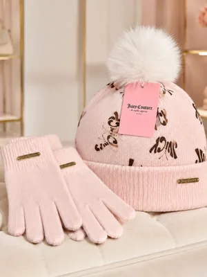 Juicy Couture Kids Pink Pom Pom Beanie & Gloves Set Fits Adults NWT thumbnail 1