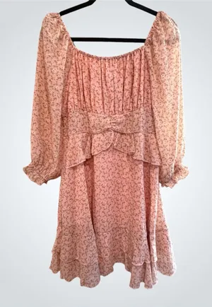 Umgee Chiffon Floral Print Tiered Mini Dress in Pink Size M thumbnail 1