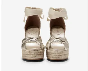 Cole Haan Gold Cream Tan Cloudfeel Hampton Wedge Platform Lace Up Sandal thumbnail 5