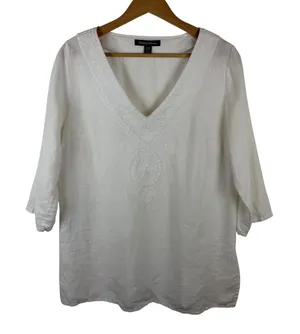 Tommy Bahama White Linen Embroidered V-Neck Tunic Top Medium Coastal Beachy thumbnail 1