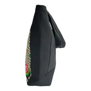 Guatemalan Embroidered Boho Floral Tote Bag Black Canvas Coin Trim thumbnail 6