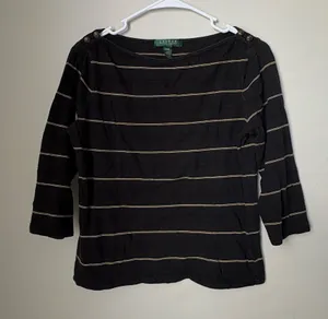 Lauren Ralph Lauren Petite P/M Black Striped Cotton Top thumbnail 1