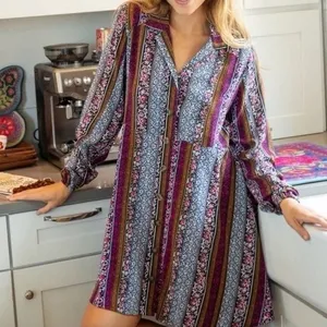 Natural Life‎ M Ansley Boho Tunic Silky Shirt Dress Stripe Button Front thumbnail 1
