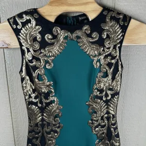 Tadashi Shoji Emerald Green Gold Sequin Neoprene Sheath Dress Small Sleeveless thumbnail 2