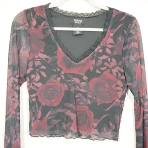 Cosmic Aura Red Rose Floral Mesh Crop Top Lace Trim Bell Sleeve Y2K Gothic Sheer thumbnail 2