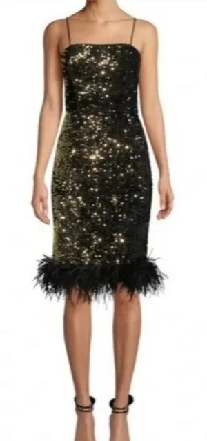 Milly Elle Gold Sequin Feather Hem Party Dress Size 4 thumbnail 1
