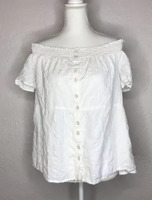 Anthropologie‎ Women's Cotton Lucille Off-The-Shoulder White Button Blouse XS thumbnail 1