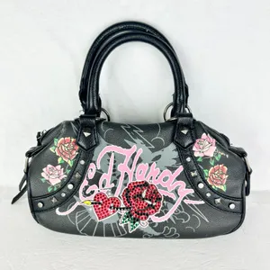 Ed Hardy Mini Bowler Bag Stachel Rhinestone Rose Heart Tattoo Art Y2K Studded thumbnail 1
