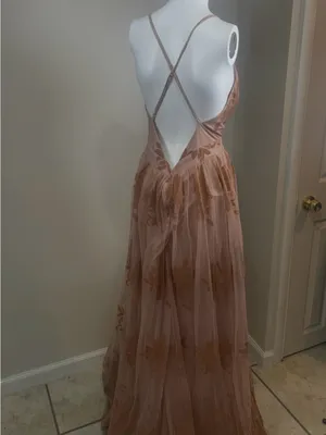 Luxxel Dusty Rose and Tan Floral Tulle Prom Dress thumbnail 4