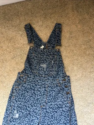 Aaron & Amber denim blue animal print wide bell leg boho overalls S thumbnail 4