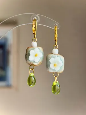 Handmade ceramic cute flower boho retro fairy dangle earrings 🌵🌺🌞💚 thumbnail 2