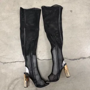 Bamboo Black Mesh Over The Knee Boots Open Toe Gold Block Heel Womens 7 thumbnail 11