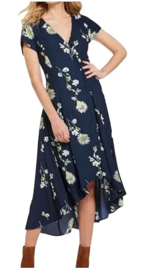 Free People Lost in You Navy Blue‎ & Yellow Floral High Low Midi Dress thumbnail 1