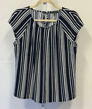 Adrianna Papell Navy White Striped Cap Sleeve Keyhole Back Blouse Size Medium thumbnail 1