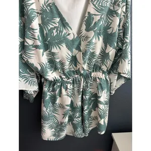 Pink Lily Tropical Palm Leaf Print Romper Green White V-Neck Kimono Sleeve S GUC thumbnail 3
