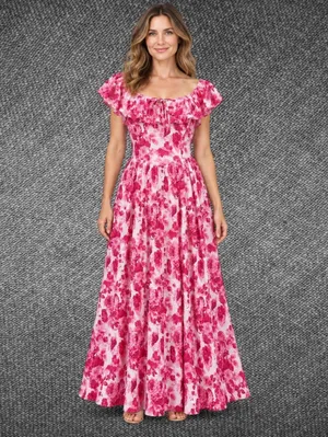 Grace Karin Pink Floral Ruffle Maxi Dress Size M thumbnail 2