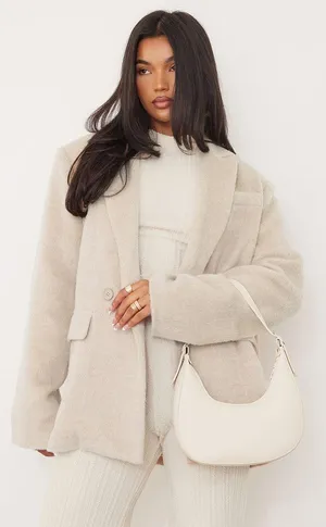 Pretty Little Thing Beige Textured Oversized Blazer Coat thumbnail 1