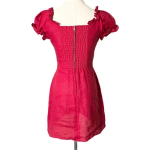Reformation Klara 100% Linen Mini Dress Lipstick Red Lace-Up Puff Sleeve Size 2 thumbnail 3
