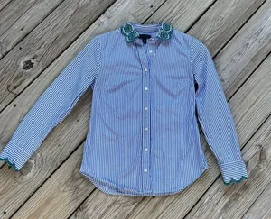 J.Crew Women's Blue & White Striped Embroidered Collar Shirt Size 00 thumbnail 1