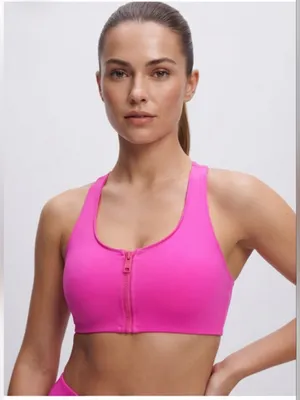 NWT Good American Compression Zip-Up Sports Bra in Fuchsia Pink001 LARGE thumbnail 1