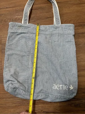 Aerie Striped Canvas Tote Bag Blue White Pocket Casual Beach Shopping Bag thumbnail 5
