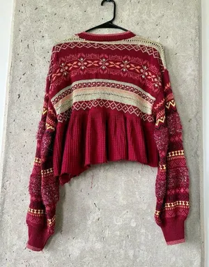 Free People Maroon Fair Isle Zip-Up Cropped Sweater - Size S thumbnail 2