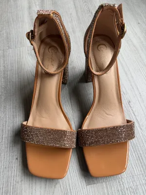 Rhinestone Block Heel Sandals Ankle Strap Brown Nude Sparkly Dress Heels thumbnail 1