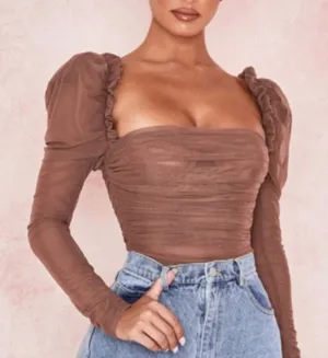 HOUSE OF CB | Emme Mesh Long Sleeve Brown Bodysuit Mocha | Medium thumbnail 1