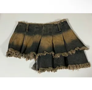 Blue Tan Gold-Wash Jean Denim Ruffle Asymmetrical Mini Skirt Bottoms Size S 💙🤎✨ thumbnail 2