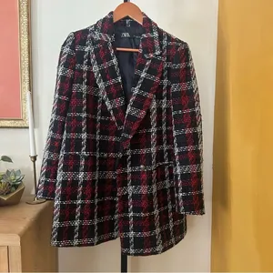 Zara Tweed Double Breasted Blazer Oversized Plaid Red Black Suit‎ Jacket Size XS thumbnail 3