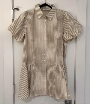 In the Beginning Tan and White Stripped Mini Cotton Dress Marissa Button Down thumbnail 3